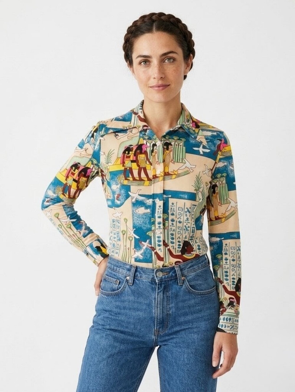 Trousers Up Vintage 70s Egyptian Novelty Print Shirt Blouse - Large